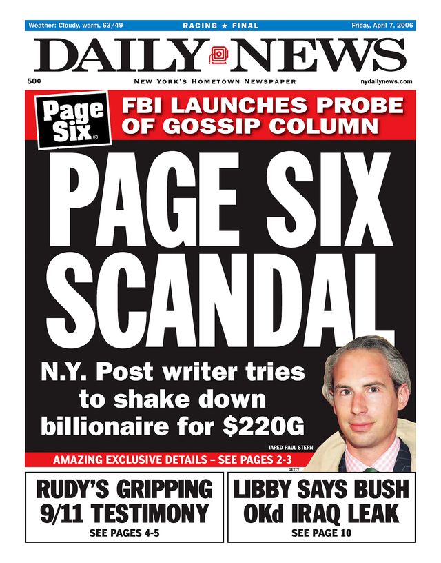 daily news front page dated april 7, 2006, headline page six scandal