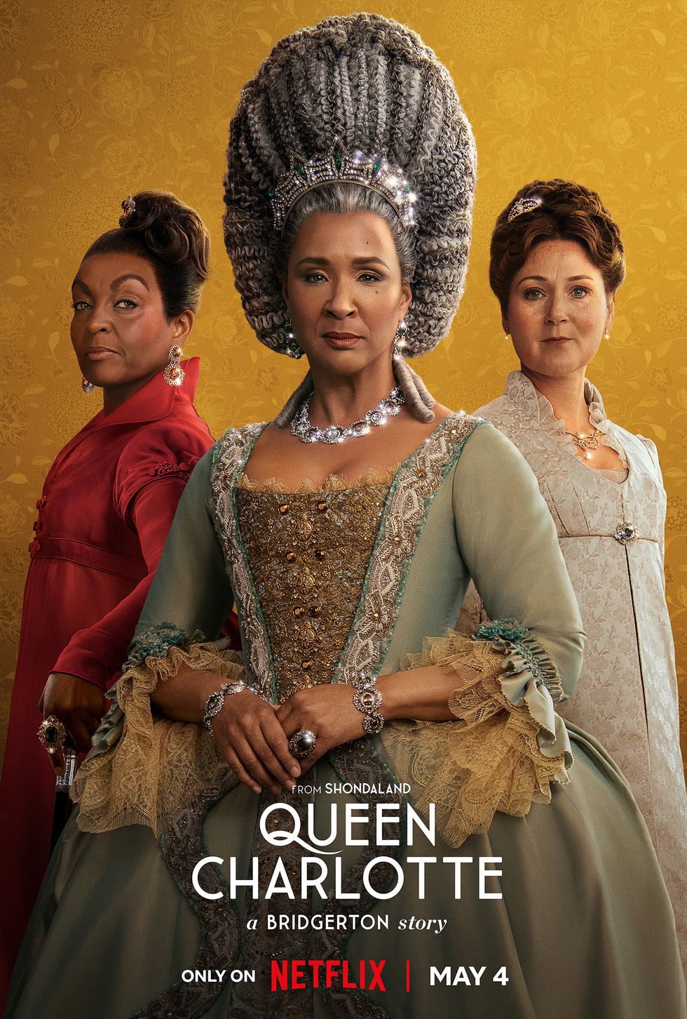 adjoa andoh as lady danbury, golda rohshevuel as queen charlotte, and ruth gemmell as lady violet bridgerton in 'queen charlotte a bridgerton story'