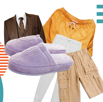 brown suit, purple slippers, orange boxers, white pants, khaki shorts