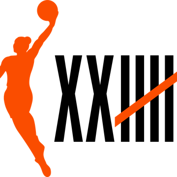 new wnba logo, orange woman with a ball and roman numerals